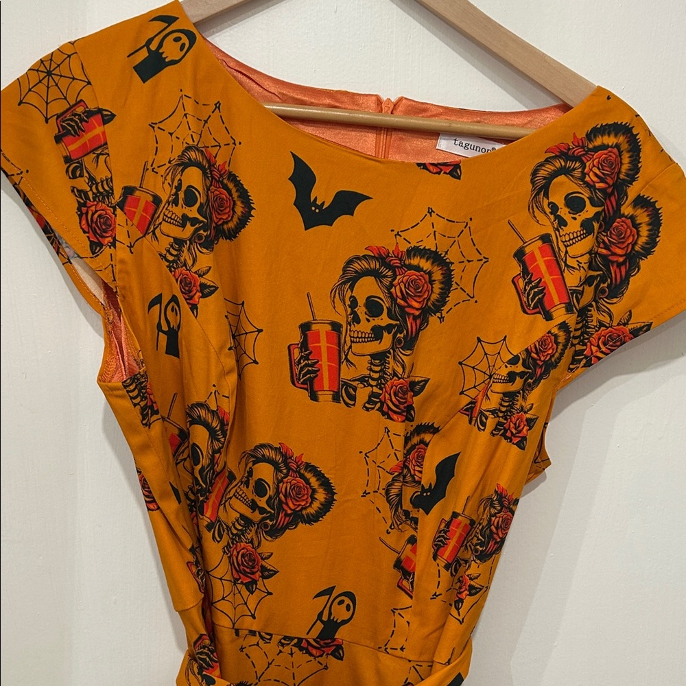 Orange Printed Women's Dress Halloween skeleton never worn size XL - Picture 2 of 8